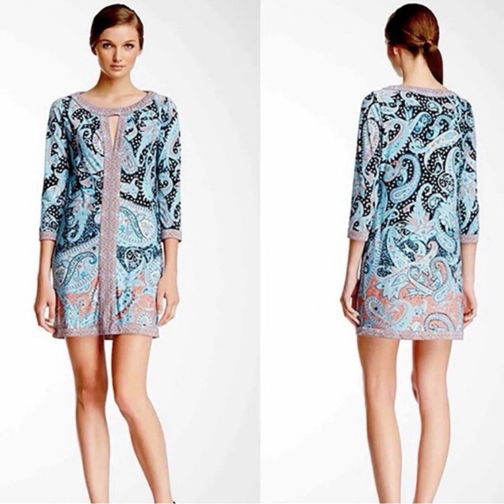 Bcbgmaxazria Women’s Avila Orange/teal/black Paisley Dress Size Medium